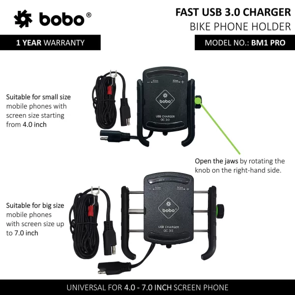 BOBO GEARS - MOBILE HOLDER - BM1 PRO - JAW GRIP ( WITH FAST USB 3.0 CHARGER , SAE CONNECTOR  FAST USB CABLE ) - Image 3